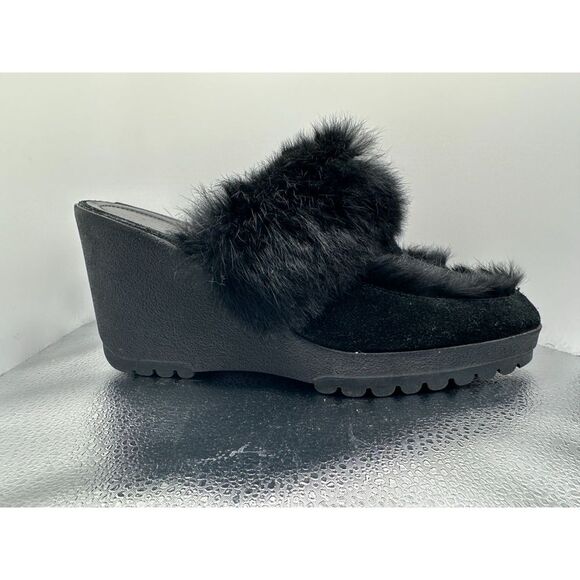 COACH Kaela Black Suede Rabbit Fur Slip On Clogs Mules With Wedge Heels - US 9 - Picture 7 of 11